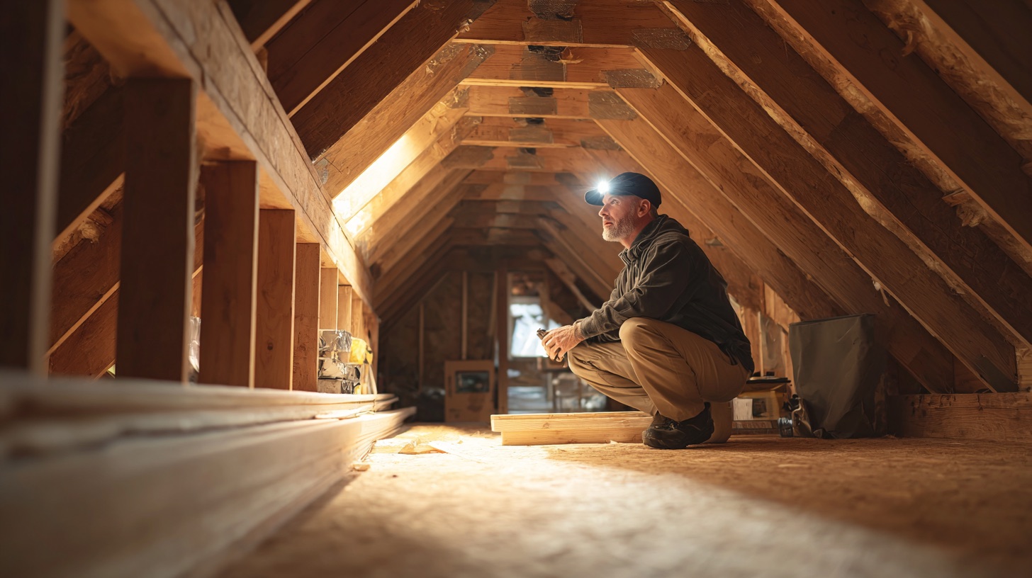Home inspector in his 50s wearing a headlamp, crouching in an attic to inspect the rafters