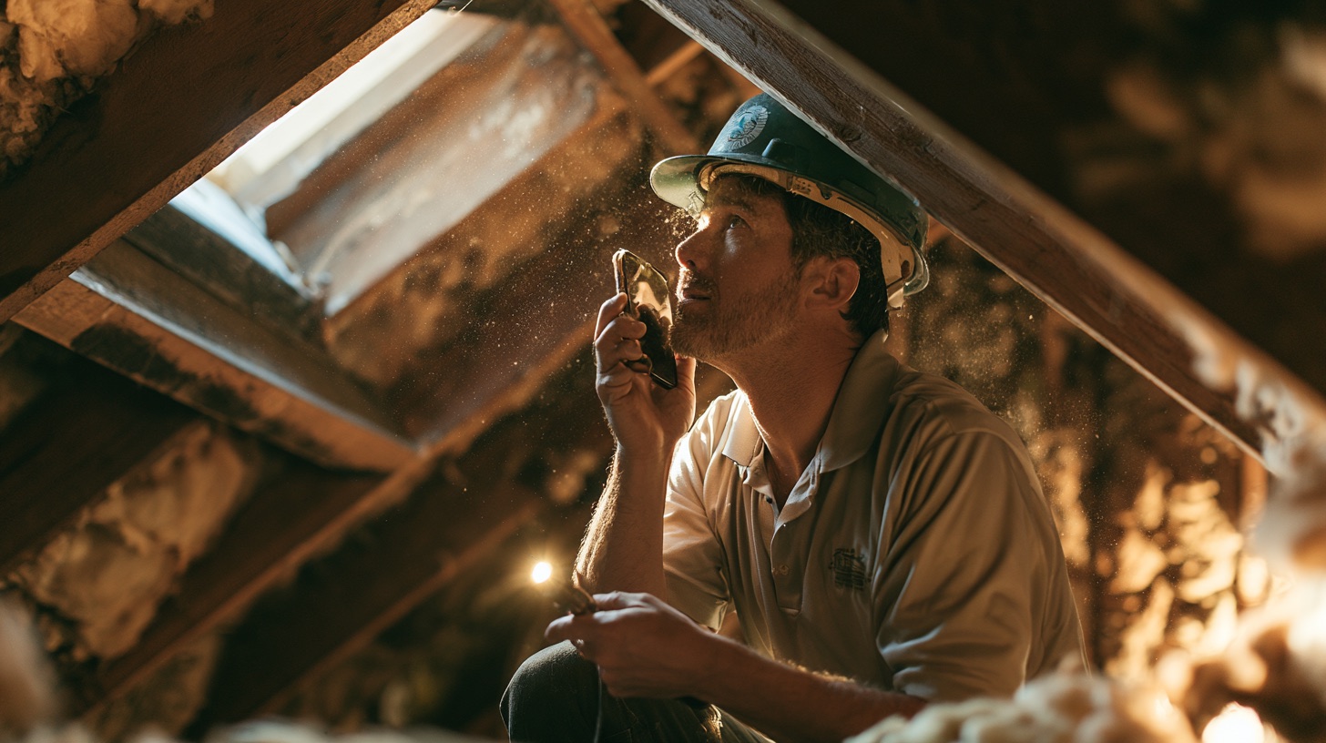 Home inspector in an attic among the rafters, speaking a voice note into his phone