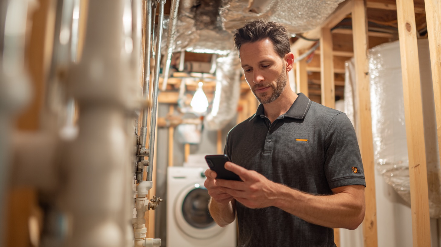 Home inspector in a basement utility area checking the pipes near a washer, phone in hand