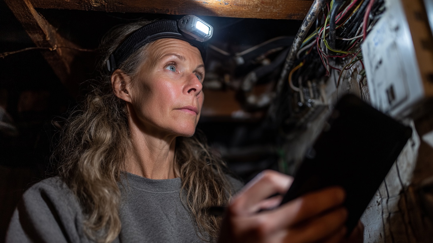 Home inspector wearing a headlamp inspecting electrical wiring and a panel in a dark basement, tablet in hand
