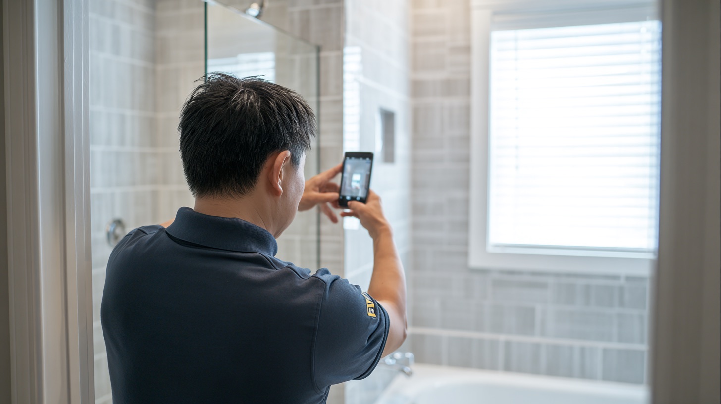 Home inspector photographing a tiled shower with a phone in a bathroom
