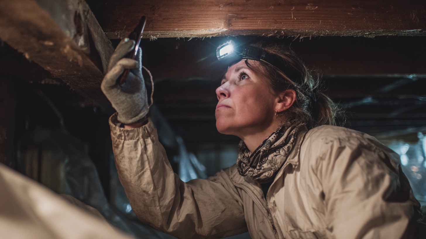 Home inspector in a crawlspace wearing a headlamp, using a phone to inspect the floor joists