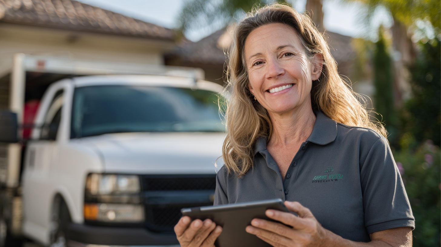 Smiling home inspector in a gray polo holding a tablet in a driveway, her white work truck and the house behind her