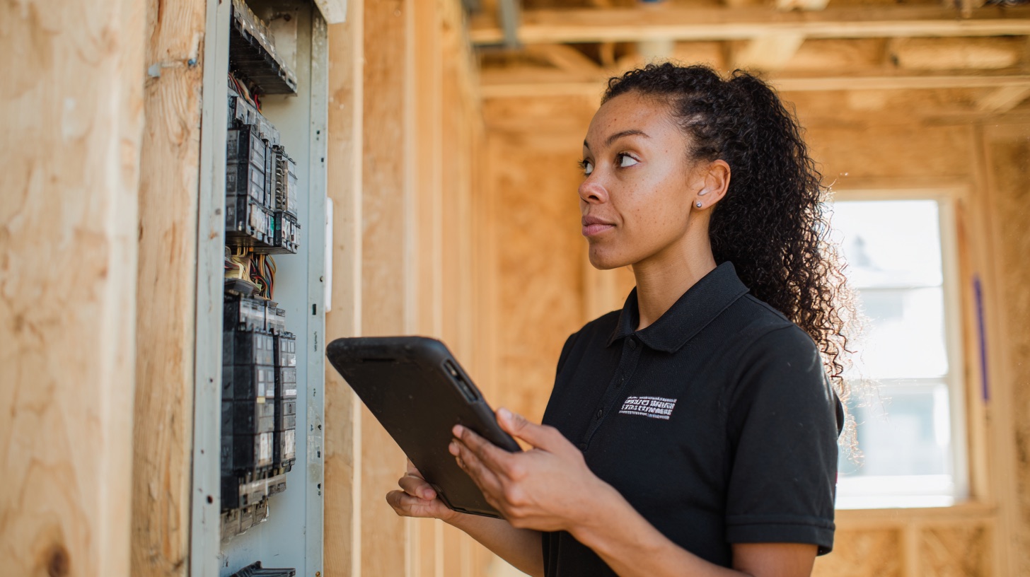 Home inspector checking an open electrical panel in a new-construction home, tablet in hand