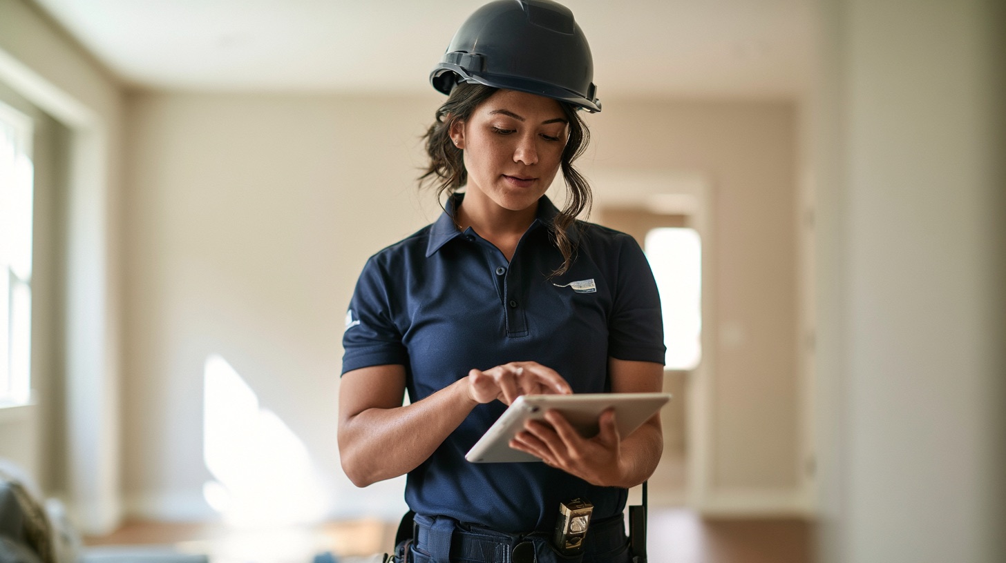 Home inspector tapping a tablet in an empty room of a home