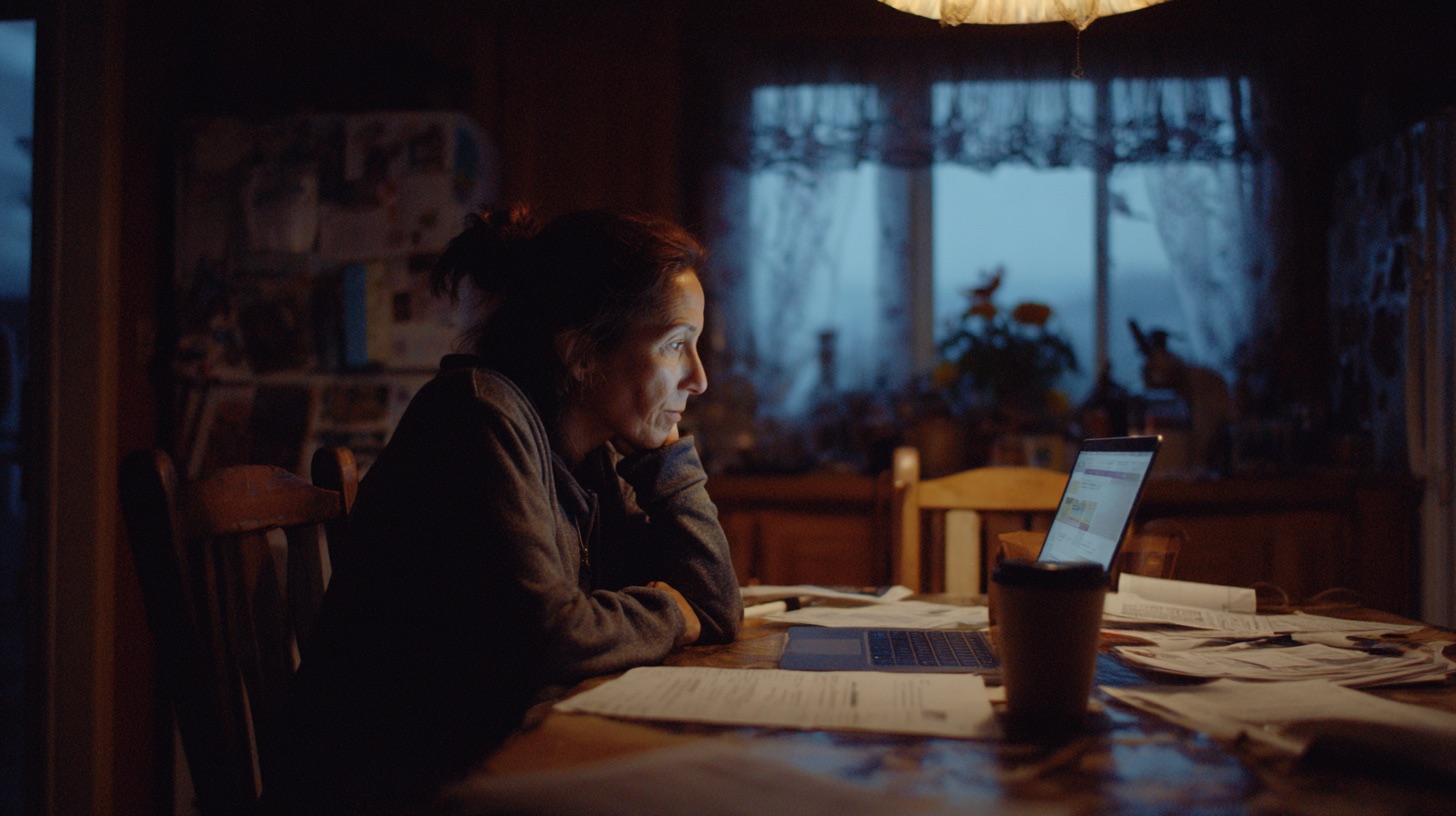 Tired home inspector working late at a dining table on a laptop, papers spread out at dusk