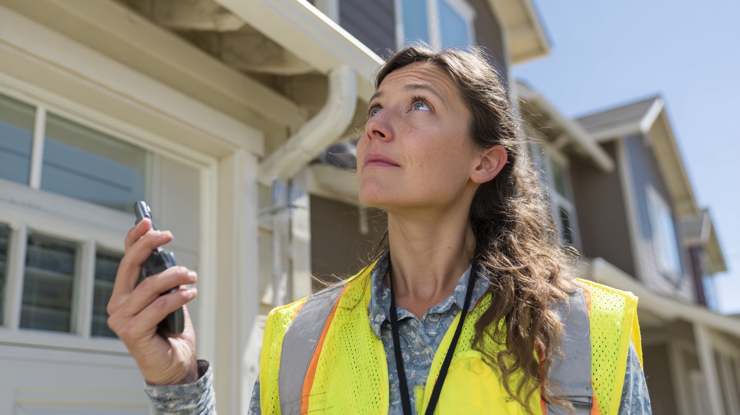Home inspector in a safety vest outside checking the gutters and eaves, phone in hand