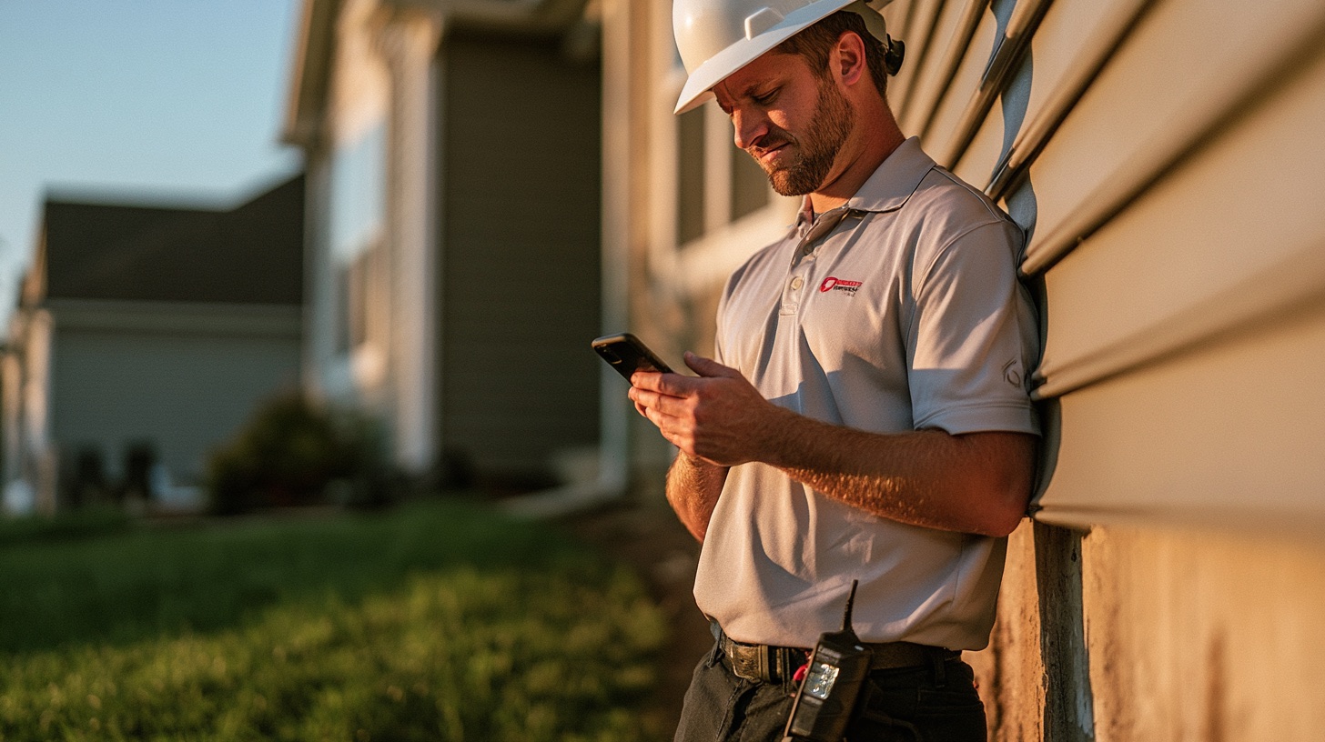 Home inspector outside a house at golden hour checking the siding and foundation, phone in hand