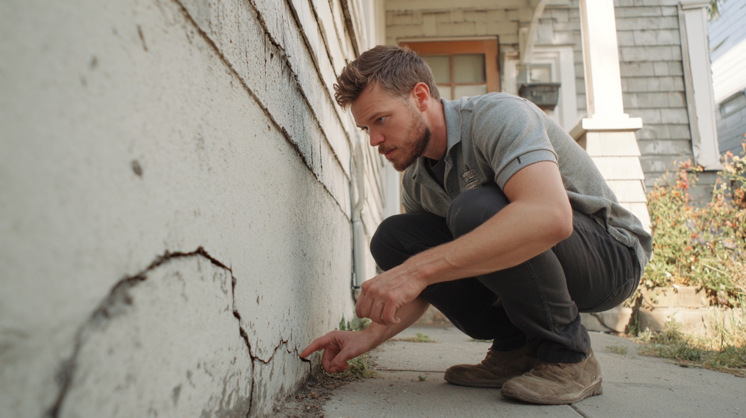 Home inspector pointing at a crack in the concrete foundation of an older home