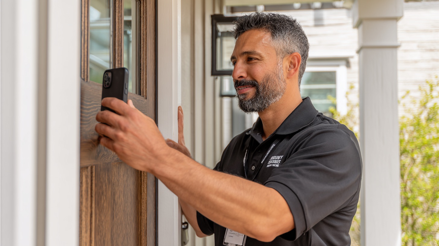 Home inspector at a front door photographing the entry with a phone on a covered porch