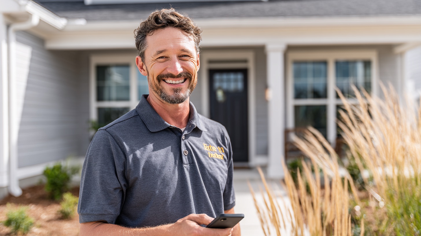 Home inspector smiling in front of a home, phone in hand