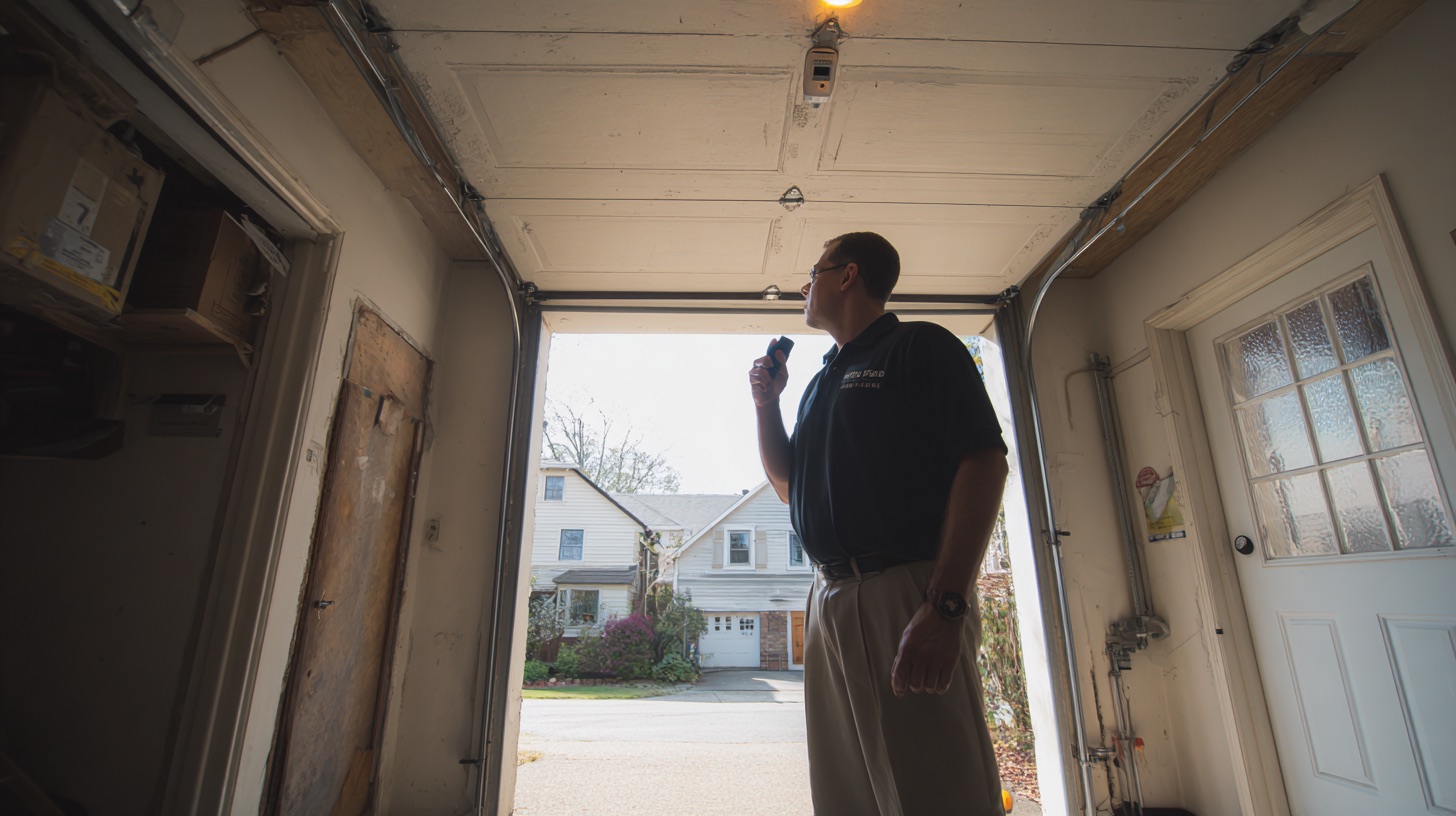 Home inspector in a garage checking the overhead door and opener, phone in hand