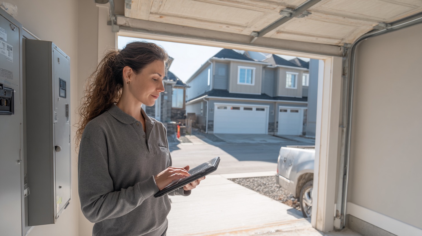 Home inspector in a garage reviewing the electrical panel on a tablet, a spec home visible through the open door