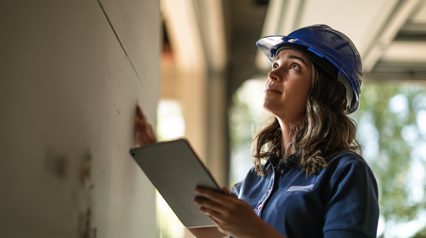 Home inspector in a blue hard hat in a garage, one hand on the wall and a tablet in the other, looking up as she narrates