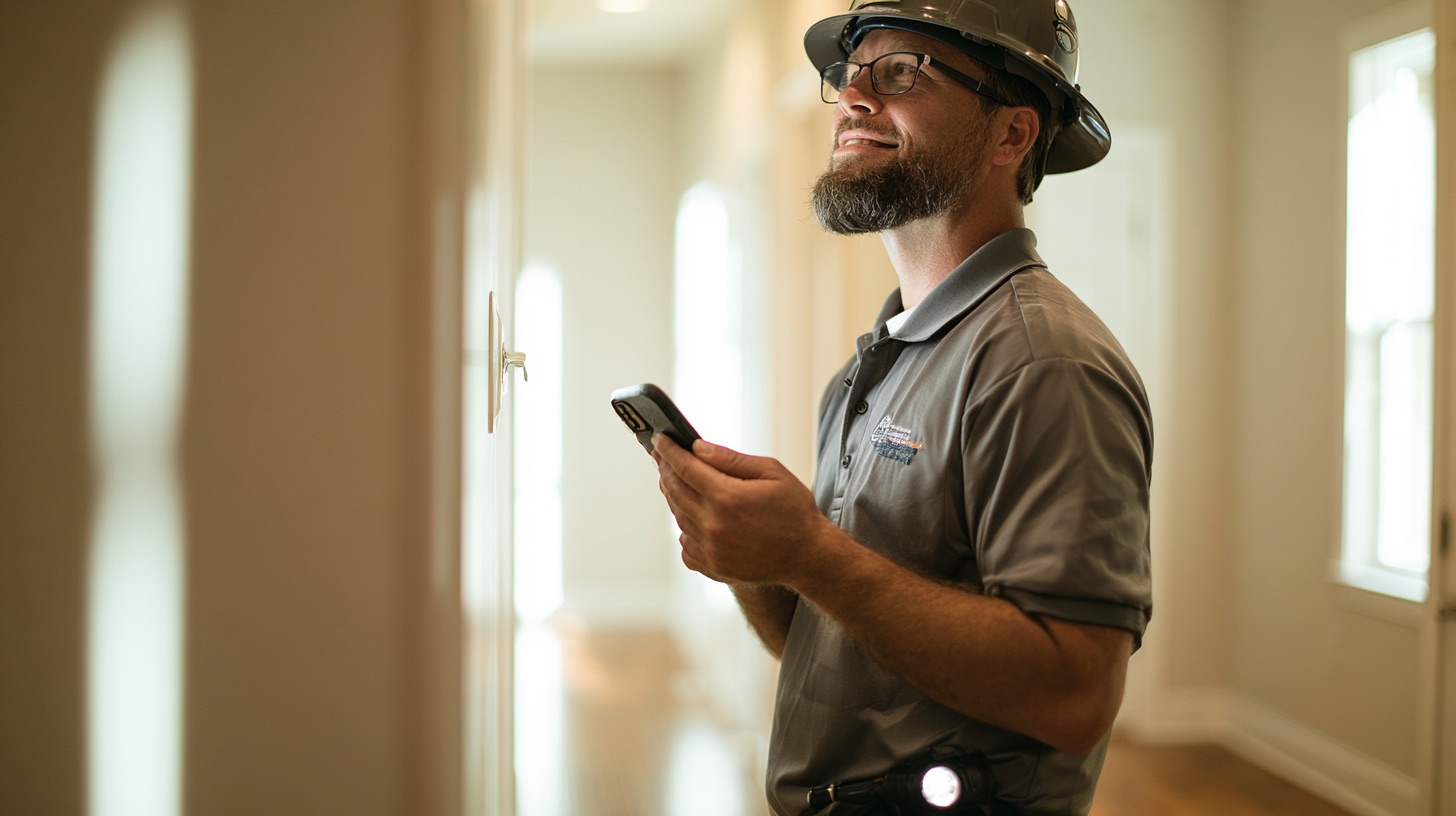 Home inspector in a home hallway speaking a voice note into his phone