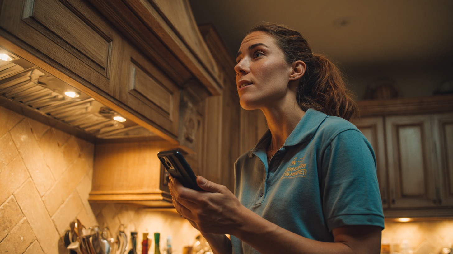 Home inspector in an older wood kitchen speaking a note into a phone while checking the range hood