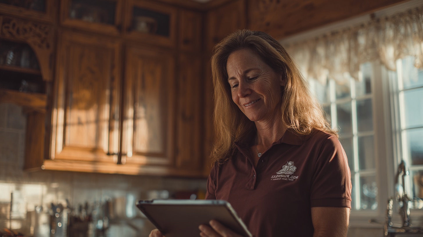 Home inspector in a kitchen reviewing a report on a tablet with a confident smile