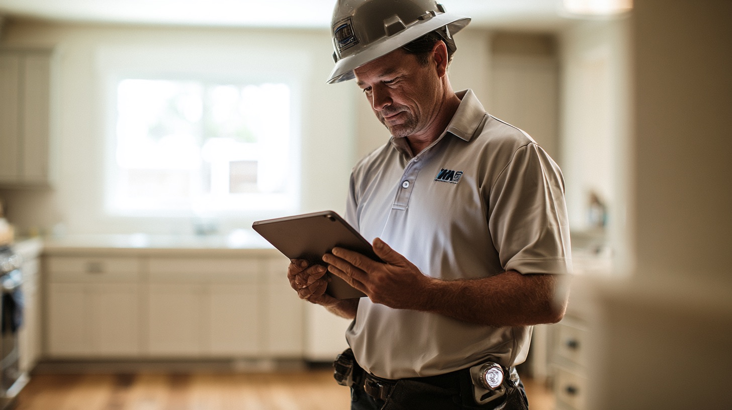 Home inspector in a bright white kitchen comparing notes on a tablet
