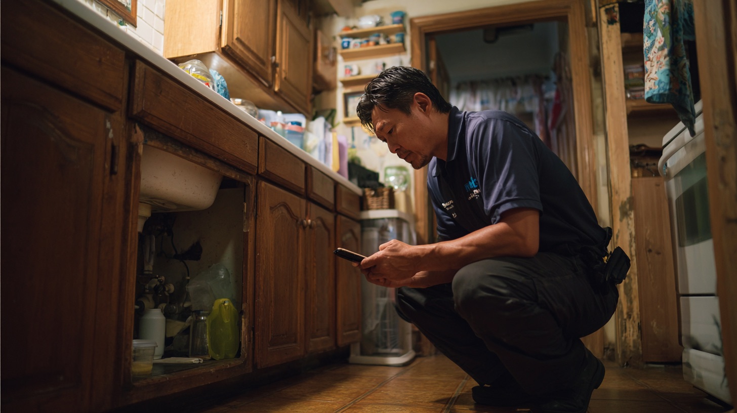 Home inspector crouched at the cabinet under an older kitchen sink, phone in hand
