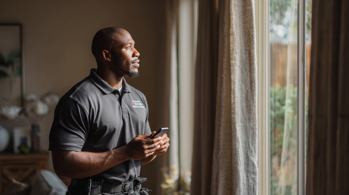 Home inspector by a living room window holding a phone as he works