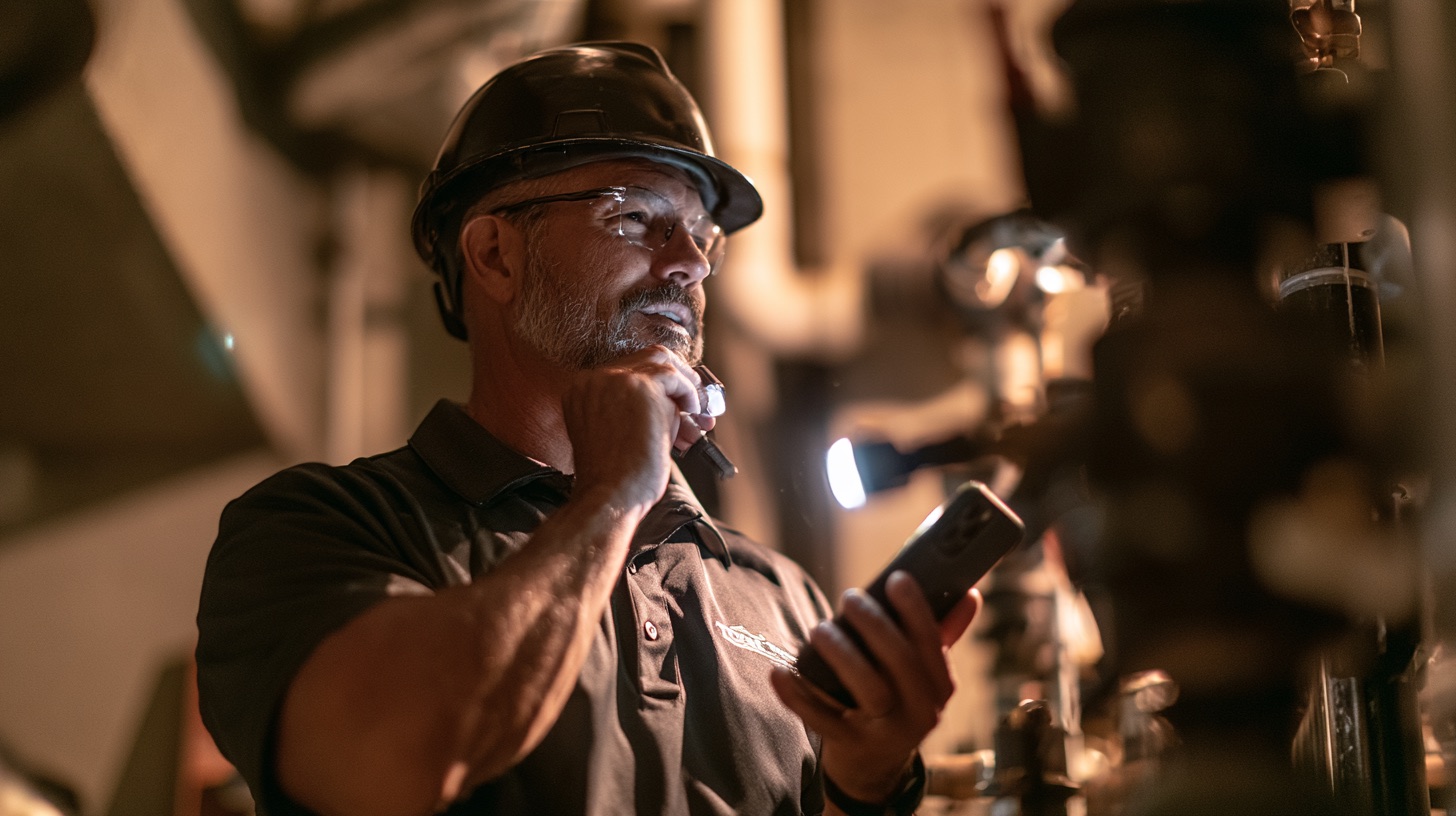 Home inspector in a dark mechanical room using a flashlight and a phone to inspect the pipes