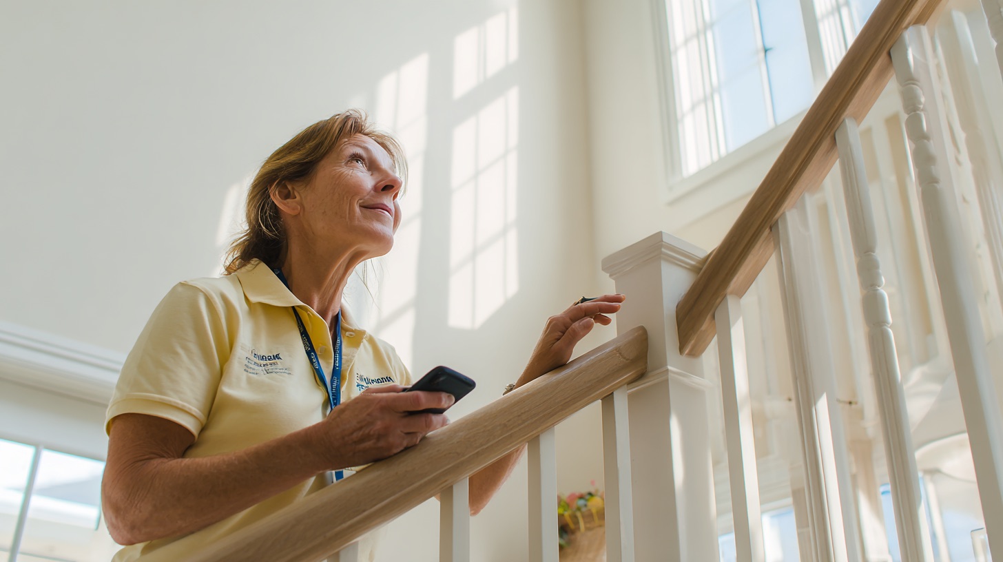 Home inspector on a staircase checking the handrail, phone in hand