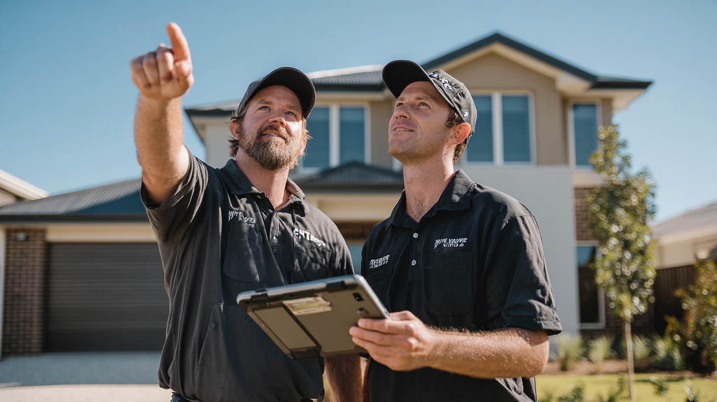 Two home inspectors outside a two-story home, one pointing at the roofline while the other takes notes on a tablet