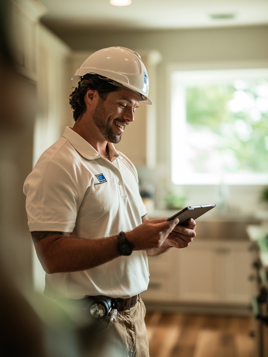 Home inspector in a hard hat reviewing a report on a tablet